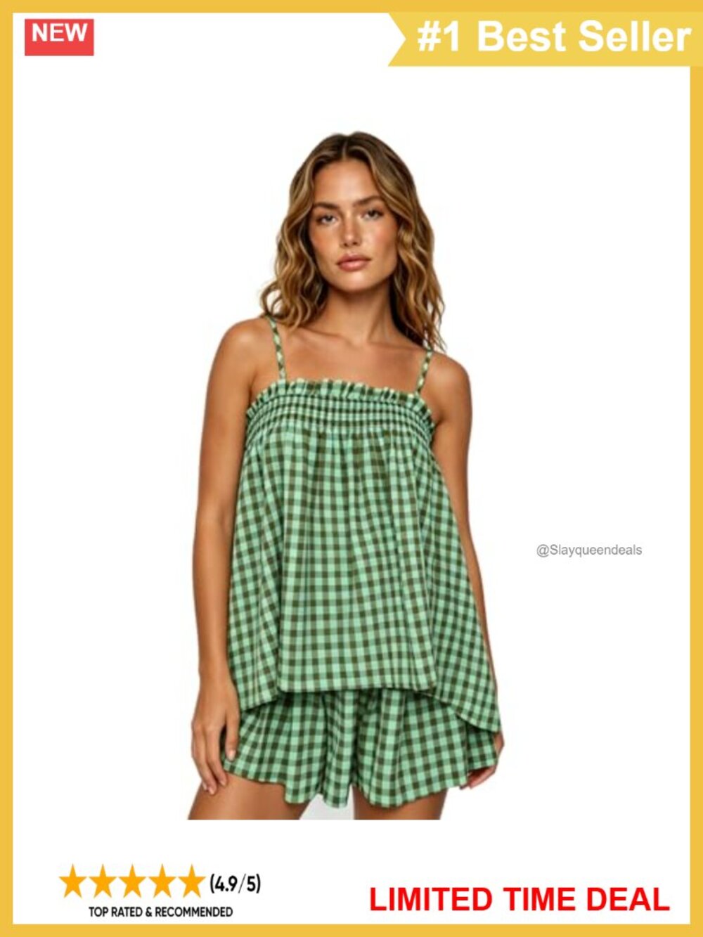 Gingham Babydoll Cami Tank Top Shorts 2 Piece Lounge Set Polyester Blend